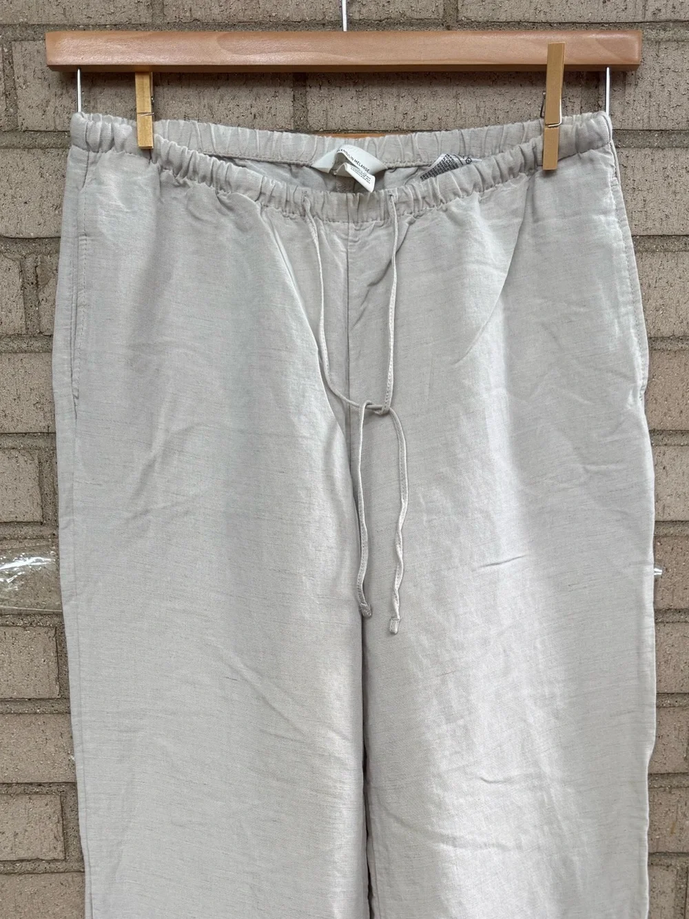 H&M Drawstring Pull On Linen Blend Wide Leg Pants Beige Oatmeal Sz Small
